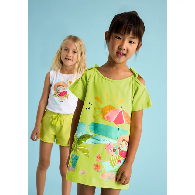 Mayoral vállain kivágott tengerparti mintás nyári pamutruha  Mayoral vállain kivágott tengerparti mintás nyári pamutruha